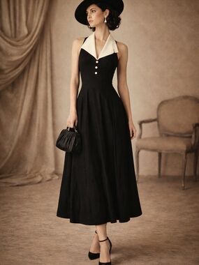 Vintage 90s Black Ivory Midi Dress Elegant Old Money Classic Size 14